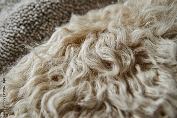 Fototapeta A close-up of a soft, fluffy sheepskin rug with a cozy texture, evoking warmth and comfort with intricate details and gentle curves, and a neutral color palette.