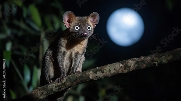 Fototapeta Asian Palm Civet perched on a tree branch at night its large eyes glowing in the darkness a full moon casting a soft light over the jungle