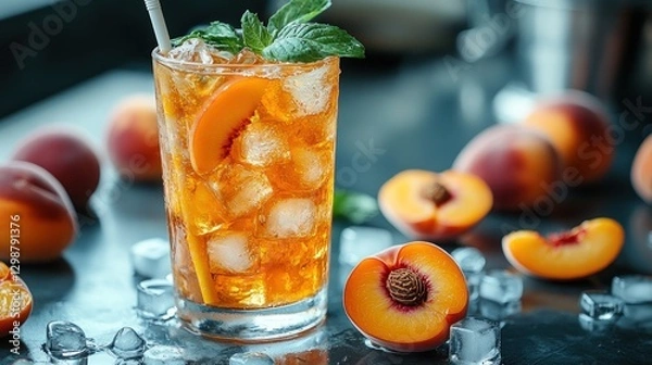 Fototapeta Refreshing peach iced tea with ice, mint garnish on kitchen countertop with peaches scattered around it