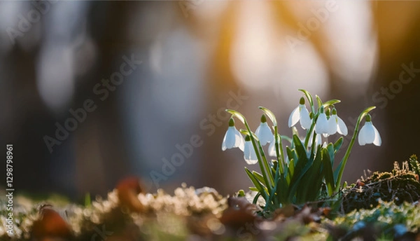Fototapeta Delicate Snowdrops in the Soft Glow of Morning Light: A Serene Symbol of Early Spring Renewal
