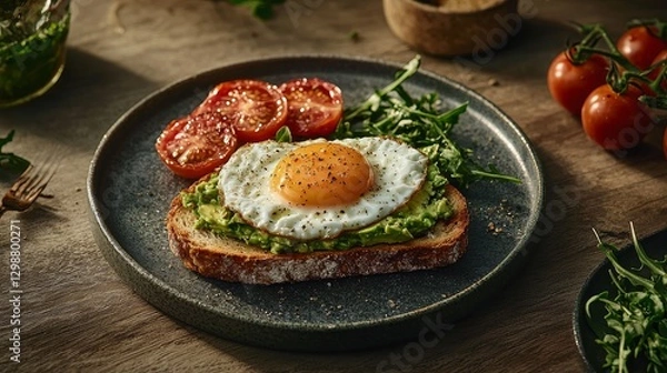 Obraz Delicious avocado toast with egg and salmon for breakfast in a cozy kitchen setting