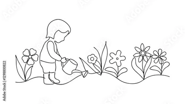 Fototapeta A singleline drawing depicts a child attentively watering flowers in a garden. Simple yet charming, the illustration showcases springtime growth and the joy of gardening. The minimalist style is visua