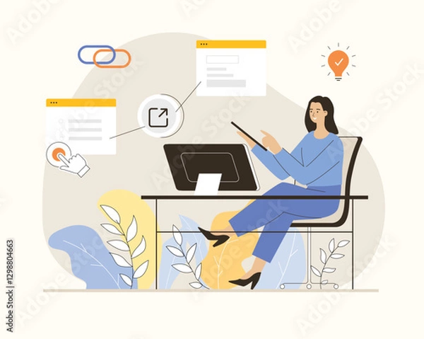 Fototapeta Concept of link building, SEO or search engine optimization, hyperlink. Woman with browser windows and external link. Flat vector illustration.	
