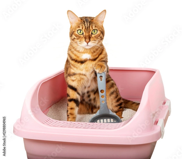 Obraz Bengal cat in the toilet. We teach the cat to use the litter box.