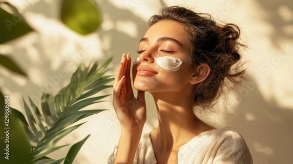 Fototapeta A woman applying organic face cream, with soft lighting and a minimalist, eco-friendly background