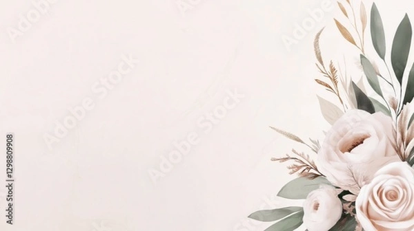 Fototapeta Elegant floral background with soft pastel roses and greenery
