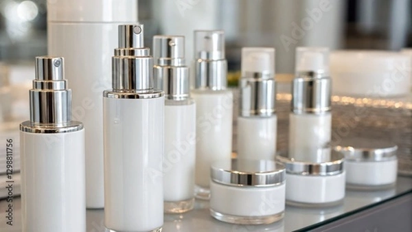 Fototapeta A collection of elegant white cosmetic containers with silver accents displayed on a glass surface, emphasizing beauty and luxury.