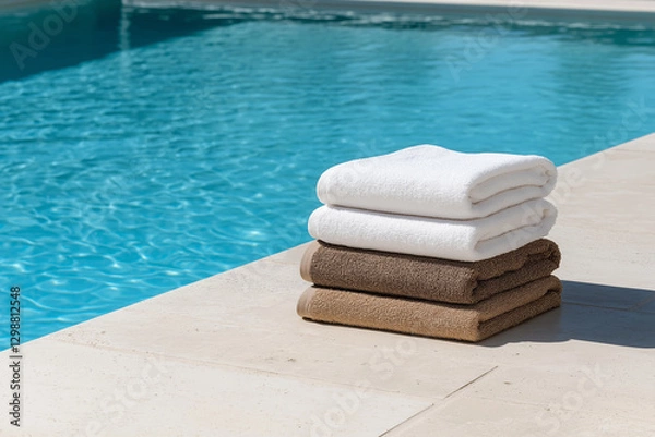 Fototapeta Soft towels neatly stacked by refreshing swimming pool on sunny day