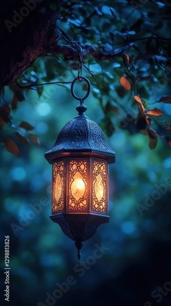 Fototapeta A decorative lantern hangs from a tree, casting a warm glow in a tranquil, leafy setting.