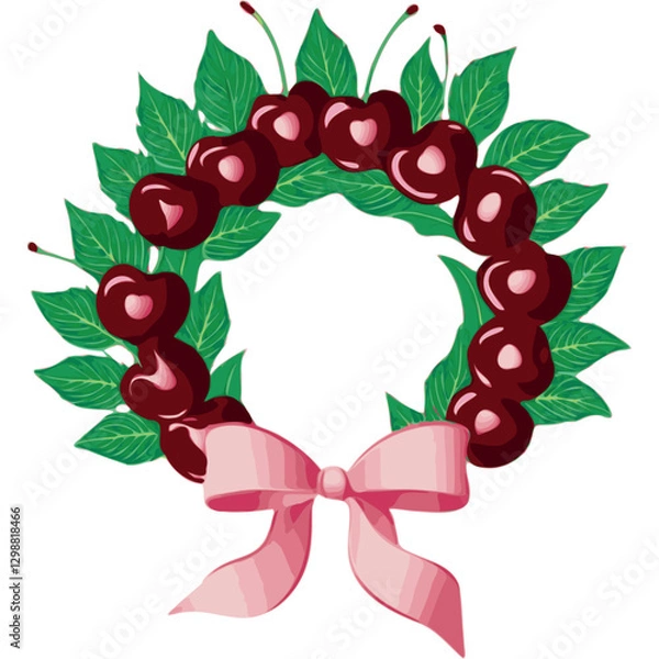 Fototapeta A wreath formed of alternating deep cherry red cherries and green leaves, tied together with a bow in soft pink