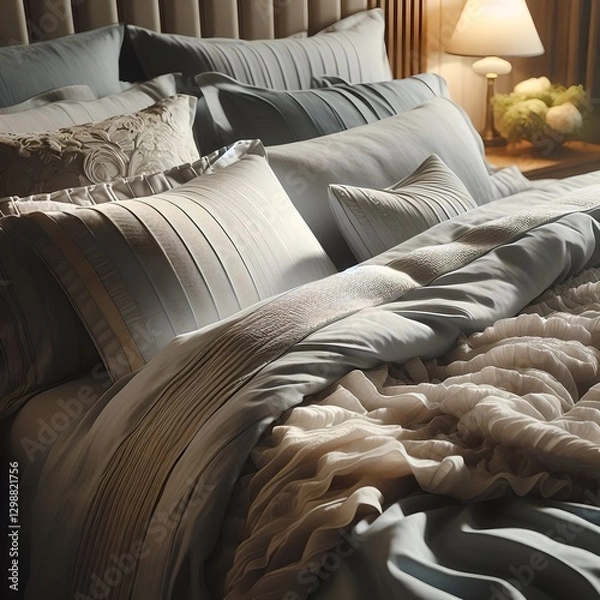 Fototapeta Luxurious linens, neatly made on the bed, with soft light highlighting the texture and quality of the fabric.