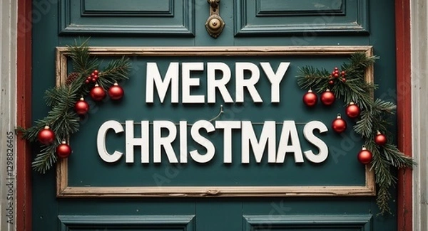 Fototapeta merry christmas lettering on a signage in door background