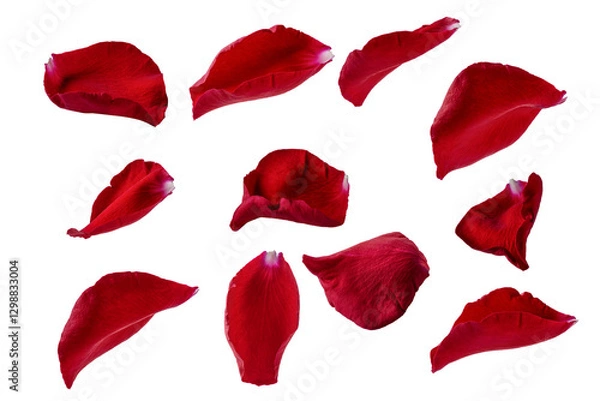 Obraz Assortment of red rose petals cut out on transparent background for creative design. Delicate floral accents for romantic holiday decor. Scattered rose petals composition.