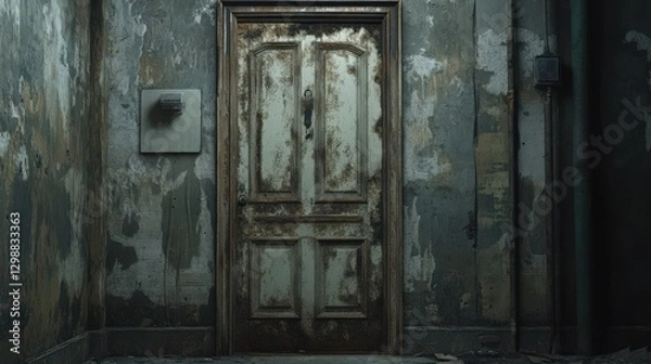 Fototapeta Weathered door in a dilapidated building interior