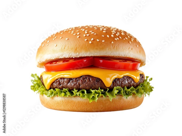 Fototapeta A cheeseburger sandwich with beef and lettuce, isolated on a transparent background, fast food photography