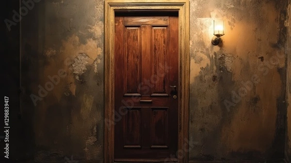 Fototapeta Old Wooden Door in a Dimly Lit Room