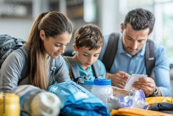 Obraz Family Preparing Emergency Supplies Together While Discussing Essential Packing for Preparedness and Safety in Indoor Setting