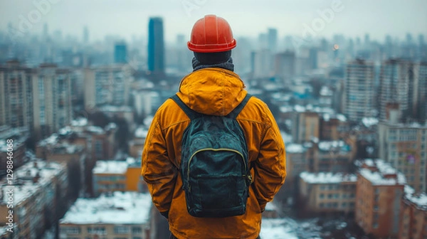 Fototapeta A construction worker with a hard hat and backpack stands on a rooftop