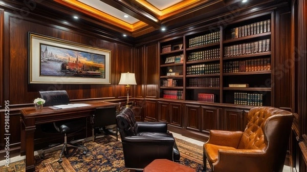 Fototapeta A luxurious hotel suite featuring a private library, rich wood paneling, and leather-bound books, creating a sophisticated retreat.