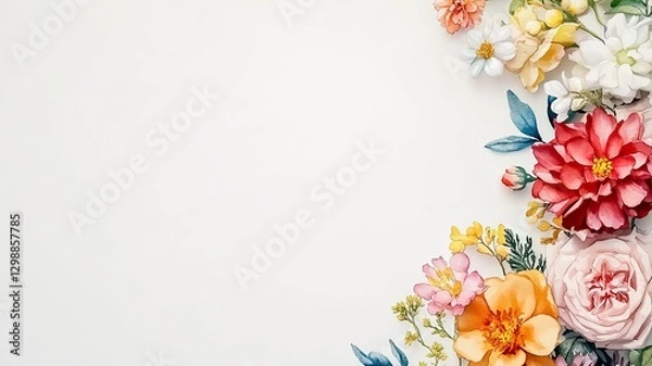 Fototapeta A vibrant arrangement of colorful flowers arranged in a corner against a neutral background, perfect for decorative or artistic purposes, on white background