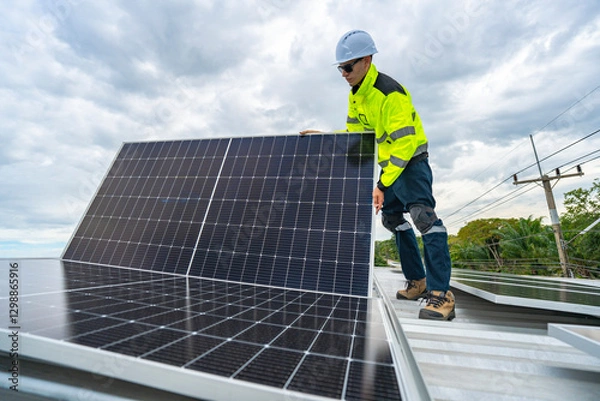 Fototapeta A skilled technician adjusts a solar panel on rooftop, emphasizing the transition to sustainable energy. Equipped with safety gear, the worker demonstrates precision in renewable energy installations.