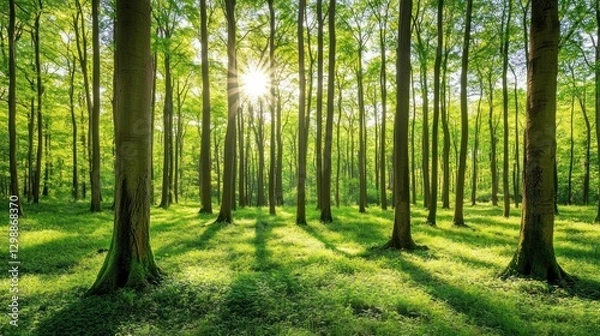 Fototapeta Sunlight Streaming Through a Lush Green Forest in Springtime