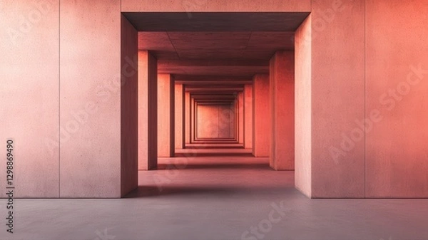 Fototapeta Blocky concrete interiors bathed in a faint red hue with atmospheric dust particles