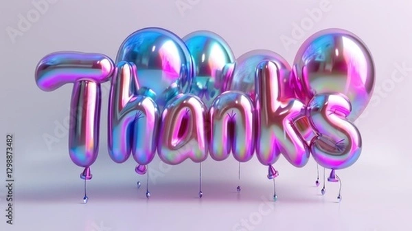 Fototapeta Silver Holographic Bubble Letters Spell Thanks Against a Minimalistic White Background to Express Gratitude and Appreciation