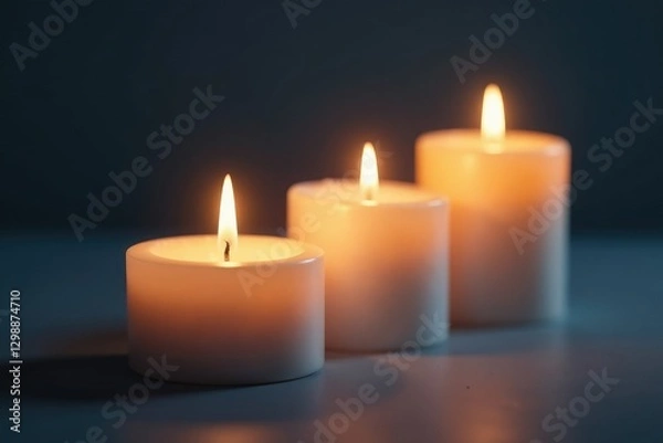 Fototapeta Softly glowing three white candles illuminate a serene atmosphere, candles, glow, light