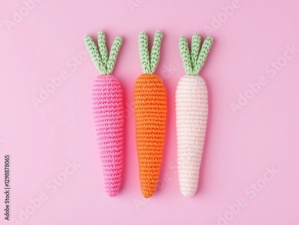 Fototapeta Knitted Easter decoration for Easter day. Three colorful crocheted carrots on a pink background, showcasing playful and vibrant textures perfect for children's decor or crafts.
