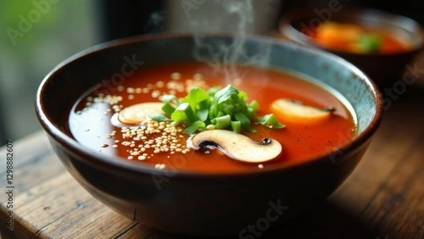 Obraz Aromatic Mushroom and Tomato Soup, Steaming Hot in a Rustic Bowl, Garnished with Fresh Herbs and Sesame Seeds