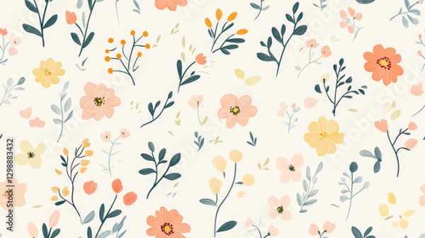 Fototapeta Seamless tiny floral pattern with hand-drawn flowers and pastel colors