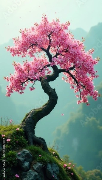 Fototapeta Ancient sakura tree against a misty background, green, sakura, branch