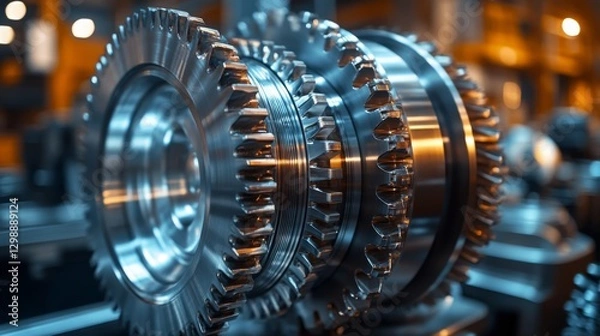 Fototapeta Close-up of metal gears in a manufacturing setting highlights the complexity of machinery used in automated production processes.