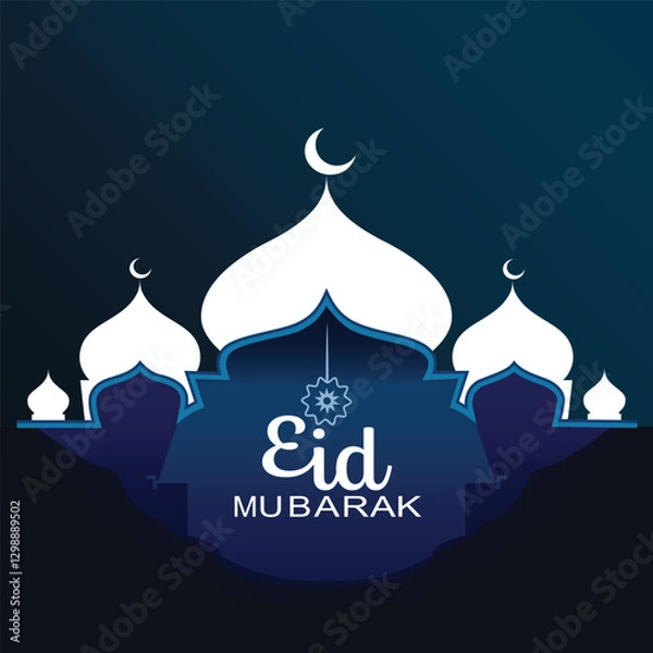 Fototapeta Eid Mubarak Greeting Card with Mosque Silhouette and Crescent Moon