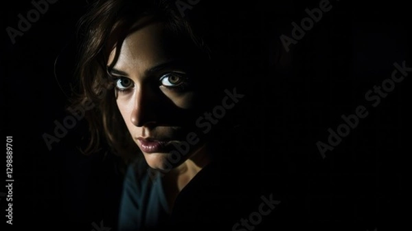 Fototapeta Intense gaze of a woman emerging from the darkness revealing mystery