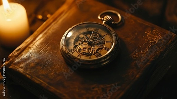 Fototapeta A close-up shot of a steampunk-inspired pocket watch with exposed gears and a glass cover, AI Generative.