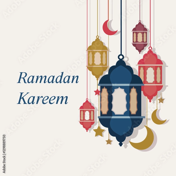 Fototapeta Greeting Card with Hanging Lanterns and Crescent Moons