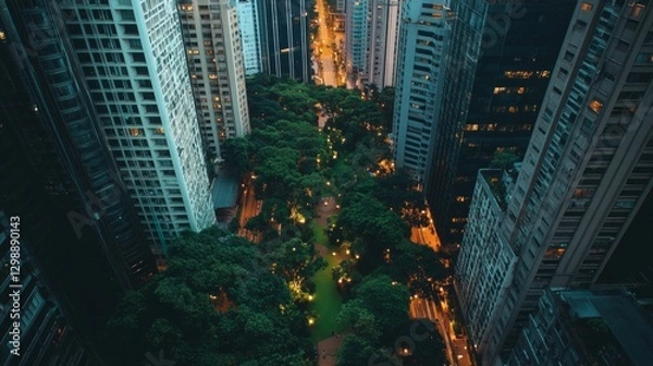 Fototapeta a dense urban jungle with lush green parks nestled between skyscrapers, with pedestrians walking along tree-lined streets, AI Generative.