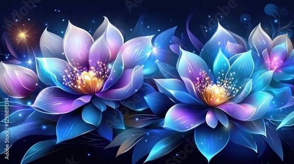Fototapeta Vibrant blue lotus flowers with glowing petals against a dark background.