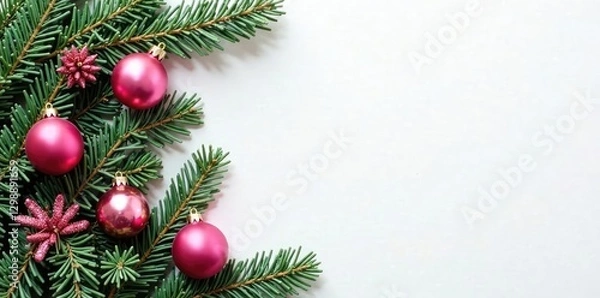 Fototapeta evergreen branches adorned with pink ornaments against a white background, pink, decoration, background