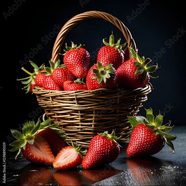 Fototapeta wicker basket with ripe strawberry close-up black background.