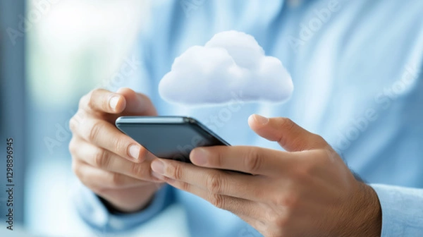 Fototapeta Close-up of hands holding a smartphone with a cloud hovering above, symbolizing cloud technology and online storage