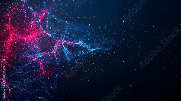 Fototapeta Abstract Digital Network Of Red And Blue Particles On Dark Blue Background Representing Data Connection
