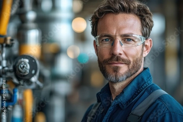 Fototapeta Portrait of a confident man in safety glasses in an industrial setting with machinery