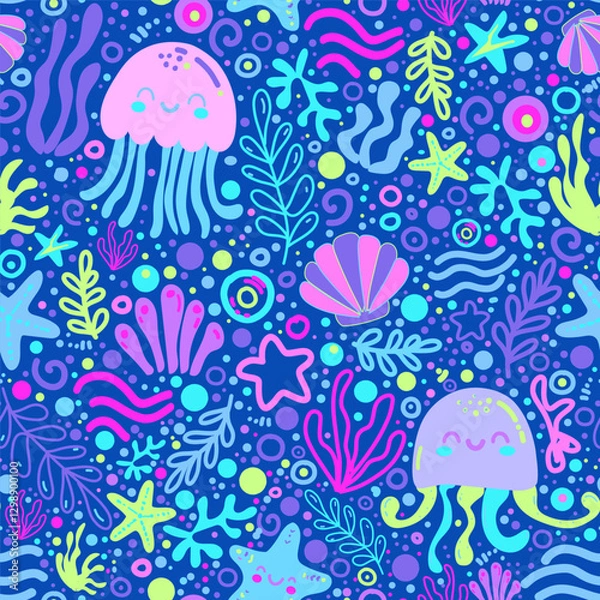 Fototapeta Jellyfish seamless pattern for kids. Underwater life print for child clothes