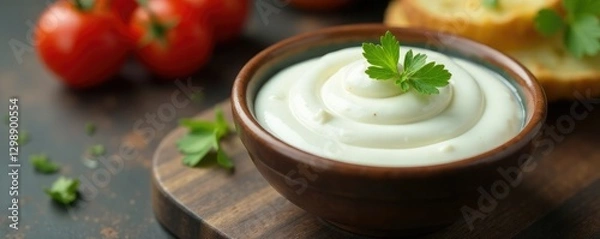 Fototapeta Sour cream and mayonnaise yogurt in a small bowl on a table, condiment, table, sour cream