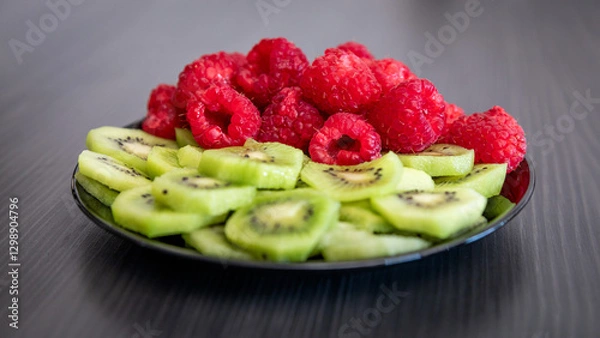 Fototapeta Kiwi and raspberry in a black plate. Peeled kiwi and raspberry.
