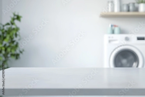 Obraz Clean, bright room featuring a countertop, washing machine, potted plant, and shelf with jars