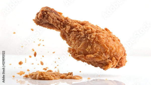 Fototapeta A crispy, golden-brown fried chicken piece captured mid-air against a clean white background, highlighting its crunchy texture.